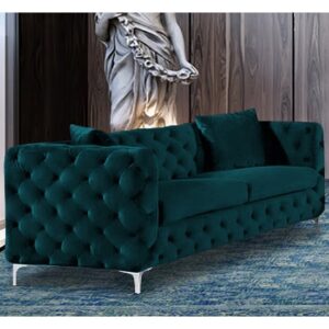 Mills Malta Plush Velour Fabric 3 Seater Sofa In Emerald