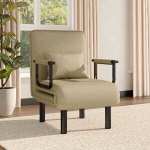 Grey/Khaki Upholstered Single Sleeper Chair Convertible Sofa Bed with Metal Legs